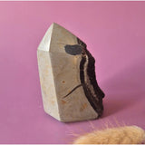 Druzy Septarian Toren obelisk, 455g, beige stone with dark brown druzy edge Moonlight Gemstones