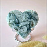 Moss agate druzy heart on metal stand with silver clamps, Moonlight Gemstones #78
