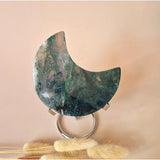 Moonlight Gemstones XL moss agate crescent moon on stand with green drusy patterns