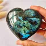 XL Labradorite heart by Moonlight Gemstones, 200–300g, with blue-green iridescence and star pattern.