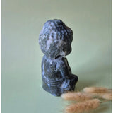 XL druzy moss agate Buddha statue, gray-green stone, carved seated figure.
