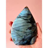 Moonlight Gemstones XL labradorite teardrop gemstone with blue iridescent flame patterns; 13x8.5 cm, 253 g