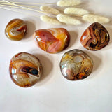 Sardonyx Palmsteen van Moonlight Gemstones; vijf gepolijste stenen met oranje-bruin banden.
