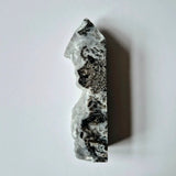 Moonlight Gemstones Edelsteen Druzy Sphaleriet Toren Obelisk; witte druzy met zwarte kristalpatronen