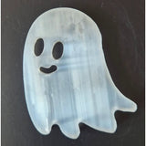Moonlight Gemstones selenite ghost carving, flat blue-white translucent crystal, 75mm