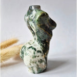 Moss agate female figurine, 8 cm, hand-carved gemstone sculpture in green and white.