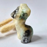 Caribbean Calcite goddess carving, 8 cm; hand-polished gemstone in cream and pale green tones