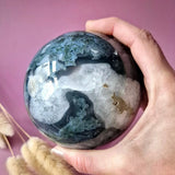 Moonlight Gemstones moss agate druzy geode sphere, 90mm, 1028g, blue-green crystal