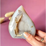 Moonlight Gemstones druzy gray agate teardrop crystal with sparkly inner cavity, 455g.
