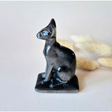 Moonlight Gemstones obsidian silver cat figurine, sphinx carving, sitting pose, 8 cm tall on square base