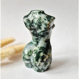 Moss agate female figurine, 8 cm tall, hand-polished gemstone carving.