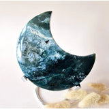 XL Edelsteen Mosagaat Maan op Standaard met druzy patroon in groen-blauwe tinten, Moonlight Gemstones