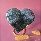 XL moss agate druzy heart on metal stand, dark green, Moonlight Gemstones, 246 g