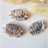 Moonstone Lotus carving trio, each 4cm with flash, iridescent grey stones; Moonlight Gemstones