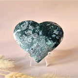 Heart-shaped moss agate druzy sculpture on metal stand, Moonlight Gemstones, 130–150g