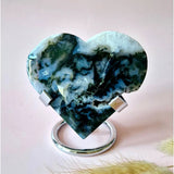 Edelsteen Druzy Mosagaat Hart op metalen standaard, Moonlight Gemstones, blauwgroene tinten