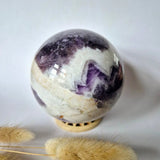 XL Dream Amethyst gemstone sphere, 87 mm, 918 g, purple and white banded polished ball on stand