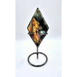 Labradorite diamond-shaped gemstone on metal stand by Moonlight Gemstones