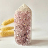 Druzy amethyst agate geode tower with pink crystals and a pointed top