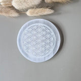 Seleniet oplaadschijf met Flower of Life gravering, 10 cm, Moonlight Gemstones