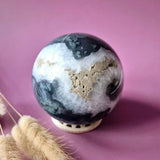 Moss agate druzy geode sphere, blue-black with white crystals, 90mm, 1028g, Moonlight Gemstones