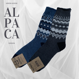 Alpaca socks by green-goose, 2 pairs, blue and navy patterned.