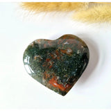 Druzy moss agate heart stone, multicolor green and red hues, 6-8 cm