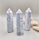 Edelsteen Druzy Mexican Agate Toren set of 3, 8–10 cm, gray-white striped polished obelisks