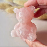 Bear-shaped pink rose quartz crystal carving by Moonlight Gemstones