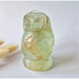 Fluorite owl gemstone carving, green translucent with natural veining, 525g