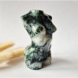 Moss agate women bust carving, 8 cm, hand-polished; Moonlight Gemstones with green and white swirls