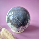 Moonlight Gemstones moss agate druzy geode sphere, 90mm, blue-green with white matrix on stand
