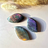 Labradorite leaf cabochons, carved with flash, ~3 cm each, set of 3, iridescent blue/purple/green.