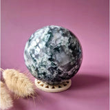 Moonlight Gemstones moss agate druzy geode sphere, 87mm, 932g, polished crystal ball on wooden stand