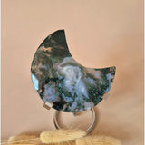 XL moss agate crescent moon on stand with druzy green patterns