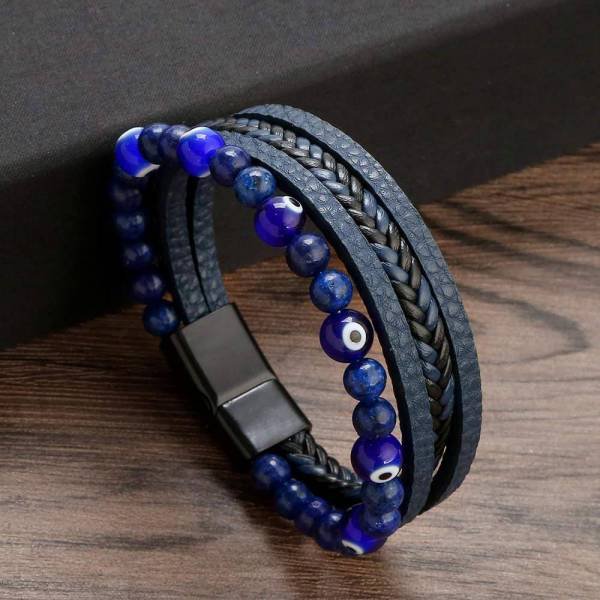 Gevlochten leren armband met Turkse oogglassteen - Geluksbrenger x 6