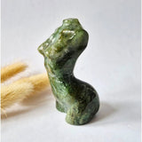 Moss agate female figurine, hand-carved gemstone, green tones, 8 cm