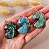 Labradorite unicorn carvings by Moonlight Gemstones; iridescent blue-green pendants, set of 3, 3.7 cm