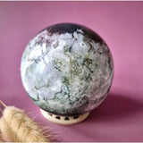 Moss agate druzy geode crystal sphere, 90mm, 961g, white-green pattern on display stand