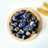 Moonlight Gemstones sodalite tumbled stones, 2 cm, blue with white veining in a wooden dish