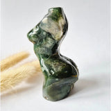 Moss agate woman figurine, hand-carved 8 cm, green and white swirled sculpture by Moonlight Gemstones