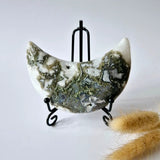 Moss Agate crescent moon on stand by Moonlight Gemstones, druzy patterns, 291g