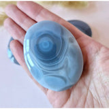 Grey Silk Agate palmstone, 5 cm, blue-gray polished stone, Moonlight Gemstones