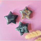 Moonlight Gemstones moss agate star stones, 45–50 mm; three green-brown marbled cuddle stars